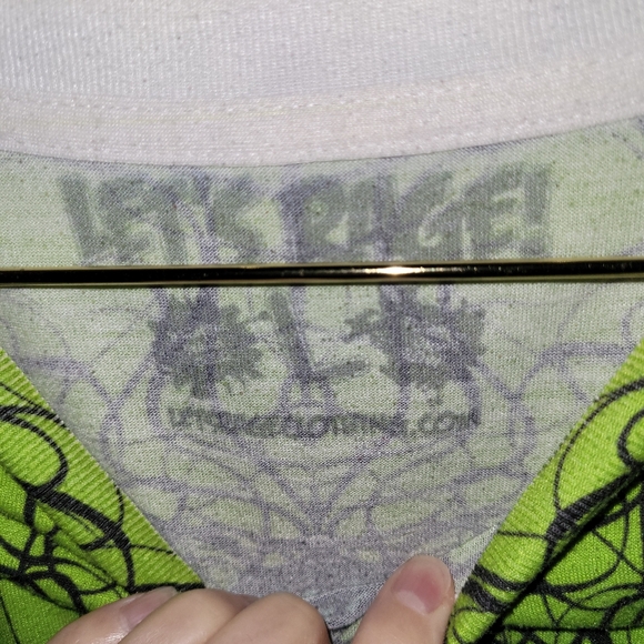 Let's Rage lime green tee with multi color graphics, size L - Picture 3 of 3